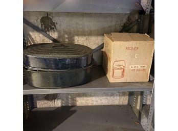 Shelf Lot With Enamel Roasting Pan And Ice Bucket (Basement)