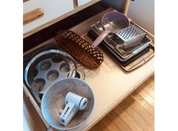 Kitchen Drawer Lot No. 2: Colander, Baking Pans, Etc.