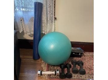 Exercise Equipment Lot Including Unopened Mat, Weights, Exercise Ball, And More! (Living Room)