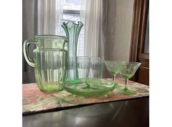 Mixed Lot Of Vintage URANIUM Glassware, Uranium Pitcher, Uranium Vase, Uranium Glasses, Uranium Snack Dish
