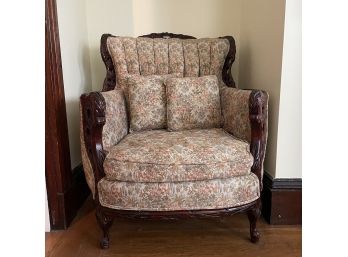 Beautiful Vintage Wood & Floral Curved Armchair In Great Condition (Living Room)
