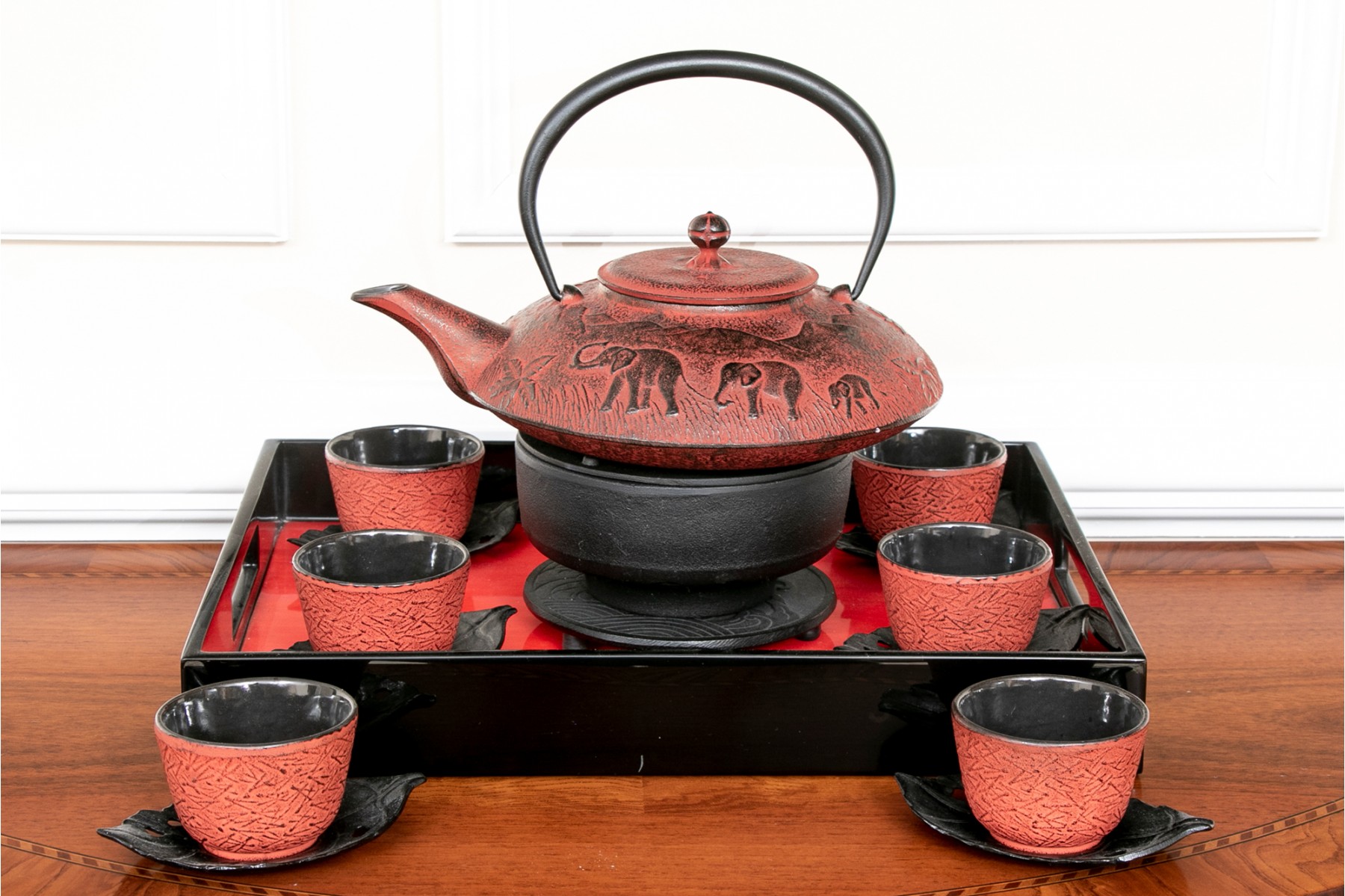 Cast Iron Tea Set On Red Lacquer Tray #167533 | Black Rock 