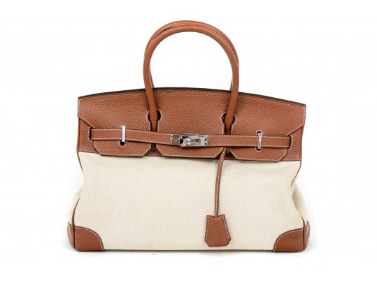 Hermes Top Handle Tan Leather And Ivory Canvas Birkin Bag, With