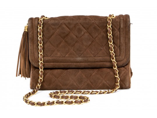 Chanel Vintage Brown Suede Quilted Tassel Flap Chain Bag, Circa 1989  #241385