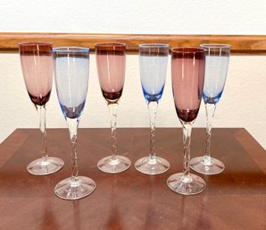 Set Of 6 Plum And Blue Tall Champagne Glasses