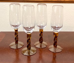 Set Of 4 - Tall Champagne Glasses - Amber Twisted Stem