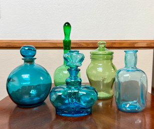 Lot Of 5 Decanters - Blue And Green