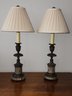 PR OF THEODORE ALEXANDER CANDLESTICK LAMPS ON MARBLE BASE WITH BRONZE FINISH