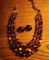 VINTAGE TRIFARI TRIPLE STRAND BEADED NECKLACE WITH MATCHING EARRINGS