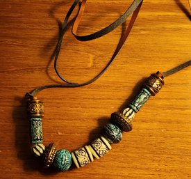 VINTAGE LEATHER BEADED NECKLACE