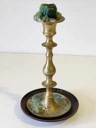 BRASS CANDLE STICK HOLDER AND SIGNED BRONZE DISH