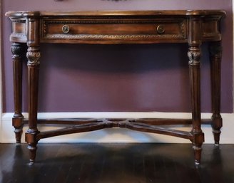 1 DRAWER BURLWOOD INLAID DEMILUNE CONSOLE TABLE