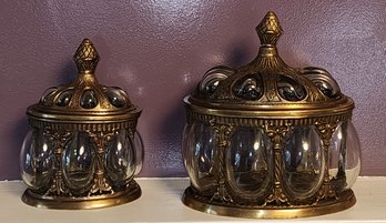 PR OF VINTAGE BAROQUE BRASS AND HAND BLOWN BUBBLE GLASS LIDDED APOTHECARY JARS