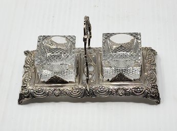 ANTIQUE 800 SILVER AND GLASS INKWELL