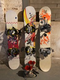3 SALOMON SNOWBOARDS AND 1 PAIR OF SIZE 8 WOMEN'S BOOTS