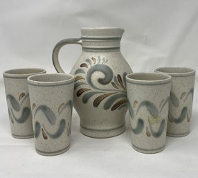 WESTERWALD HAND PAINTED SALT GLAZE COBALT AND GRAY PITCHER WITH 4 CUPS
