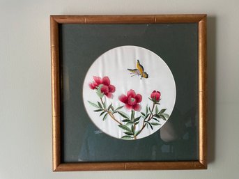 Framed Needlepoint Of Flowers And Butterfly