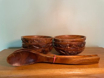 Vintage Wood Carved Bowls And Spoons