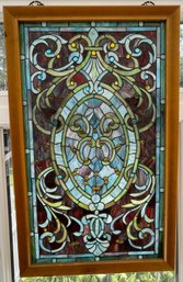 WOOD FRAMED STAINED GLASS WINDOW PANEL