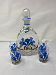 VINTAGE GLASS FLORAL DECANTER AND 4 CUP SET