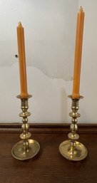 PAIR OF VINTAGE FRENCH HURRICANE SHADES AND BRASS CANDLE STICK HOLDERS