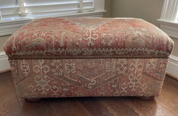 EMBROIDERED STORAGE OTTOMAN WITH NAIL HEAD TRIM