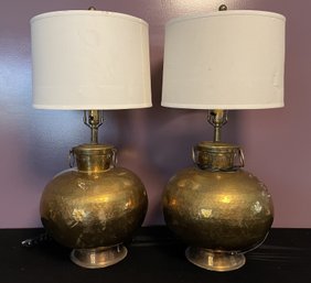 PR OF BRASS ROUND HAMMERED TABLE LAMPS