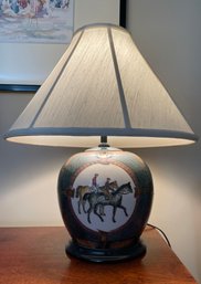 PORCELAIN TABLE LAMP WITH HAND PAINTED HORSE RIDERS DESIGN