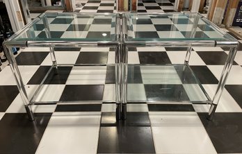 PR OF 2 TIER GLASS MCM TUBULAR LUCITE AND POLISHED CHROME SIDE TABLES