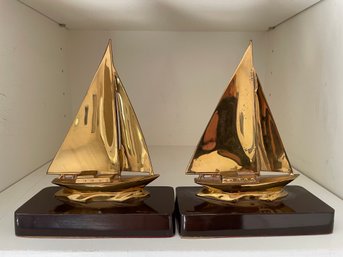 PR OF VINTAGE HEAVY BRASS SAILBOAT BOOKENDS BY PM
