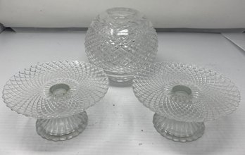 PAIR OF CRYSTAL CANDLESTICK HOLDERS AND BOWL