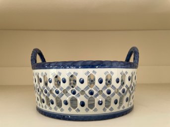 HAND PAINTED PIERCED POTTERY BASKET FROM THAILAND