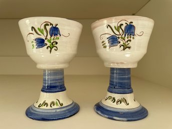 PR OF HAND PAINTED MID CENTURY BLUE TULIP CHALICES BY STANGL