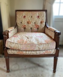 TUFTED BACK LOUIS XVI STYLE ARMCHAIR WITH FLORAL UPHOLSTERY