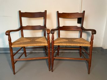 PR OF ANTIQUE FRENCH COUNTRY RUSH SEATING ARMCHAIRS
