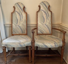 PAIR OF ANTIQUE OAK HIGHBACK UPHOLSTERED SIDE AND ARM CHAIRS