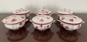 6 PC SET OF CANTAGALLI ITALY RED AND WHITE POTTERY COVERED BOWLS