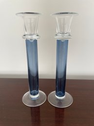 PR OF 1970'S HANDCRAFTED BLUE AND CLEAR GLASS CANDLESTICK HOLDERS