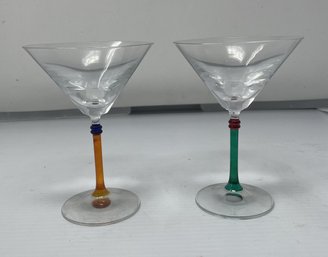 PR OF VINTAGE TIZO COLORED STEM MARTINI GLASSES