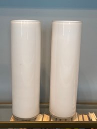 PR OF TALL WHITE GLASS CYLINDER VASES