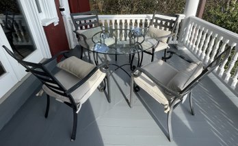 ROUND GLASS TOP METAL OUTDOOR DINING TABLE WITH 4 CHAIRS