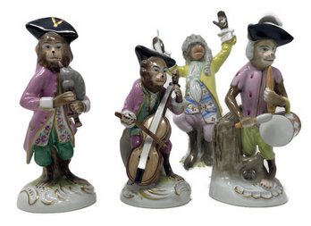 4 PC COLLECTION OF ANTIQUE MONKEY BAND FIGURINES BY DRESDEN