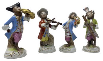 4 PC COLLECTION OF ANTIQUE MONKEY BAND FIGURINES BY DRESDEN