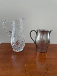 PR OF VINTAGE CRYSTAL AND PEWTER PITCHERS