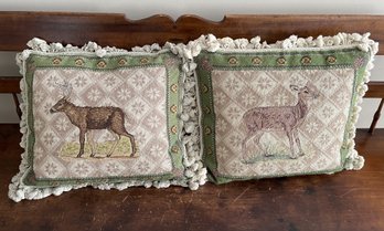 PR OF DEER EMBROIDERED THROW PILLOWS
