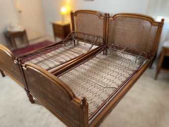 PR OF TWIN SIZE MCM CANE BEDS WITH ADJUSTABLE MATTRESS FRAMES