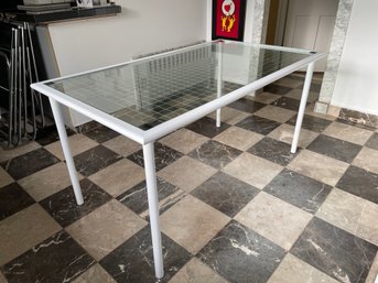 METAL DINING TABLE WITH ETCHED CHECKERED GLASS TOP