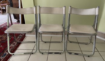 3 WHITE LEATHER AARBEN ITALY CHROME FOLDING CHAIRS