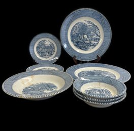 8 PC SET OF ROYAL CHINA CURRIER AND IVES BLUE DISHES