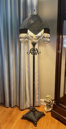 VINTAGE BRASS FLOOR LAMP WITH FRINGE BEADED SHADE